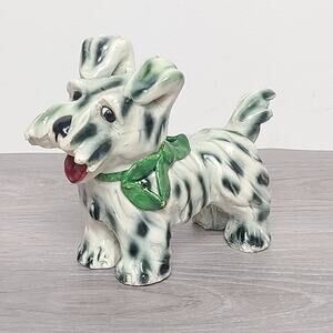Porcelain Scottie Dog Figurine White Black Green Bow Italy Vintage